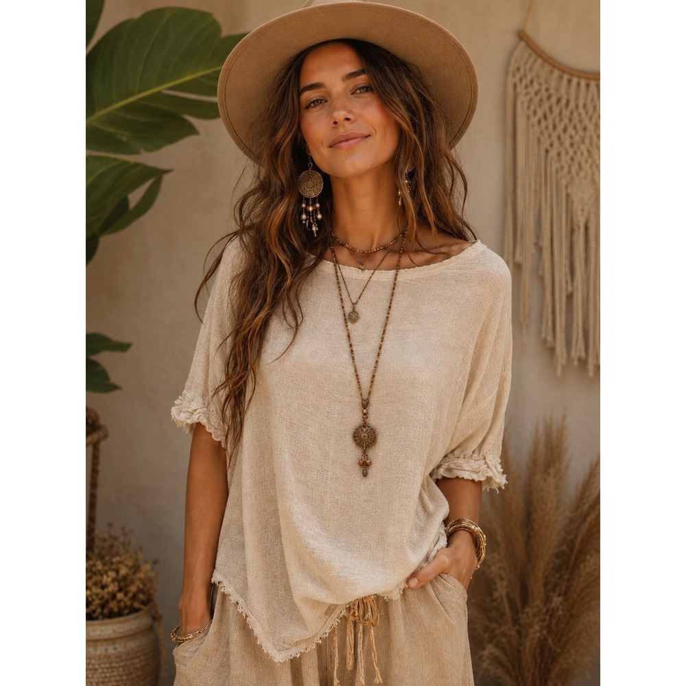 Umgee Blouse Linen Blend Womens XL Tan Boho Ruffle Fringe Short Sleeve Top